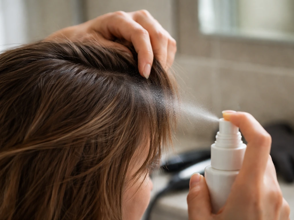 Hands spraying heat protectant onto short broken face-framing hair sections with a styling tool blurred behind.