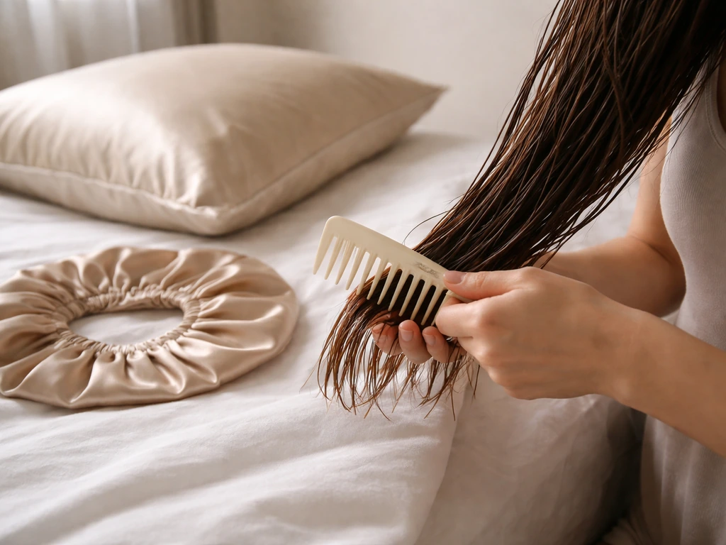 Anonymous hands detangling hair with a wide-tooth comb, with a silk pillowcase and hair bonnet beside bed.