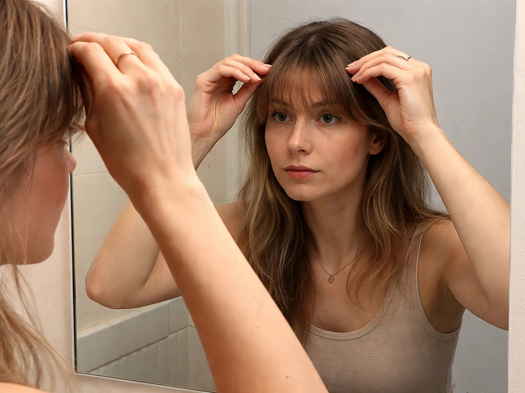 Woman in front of a bathroom mirror holding her bangs at an awkward mid-grow-out length