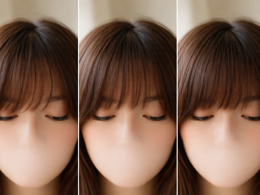 Close-up sequence of bangs gradually lengthening from just past eyebrows to covering the forehead