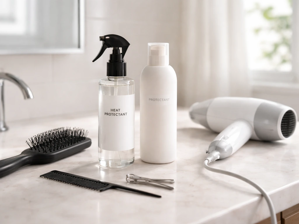 Heat protectant spray and hair-care routine items arranged on a bathroom counter in soft natural light.