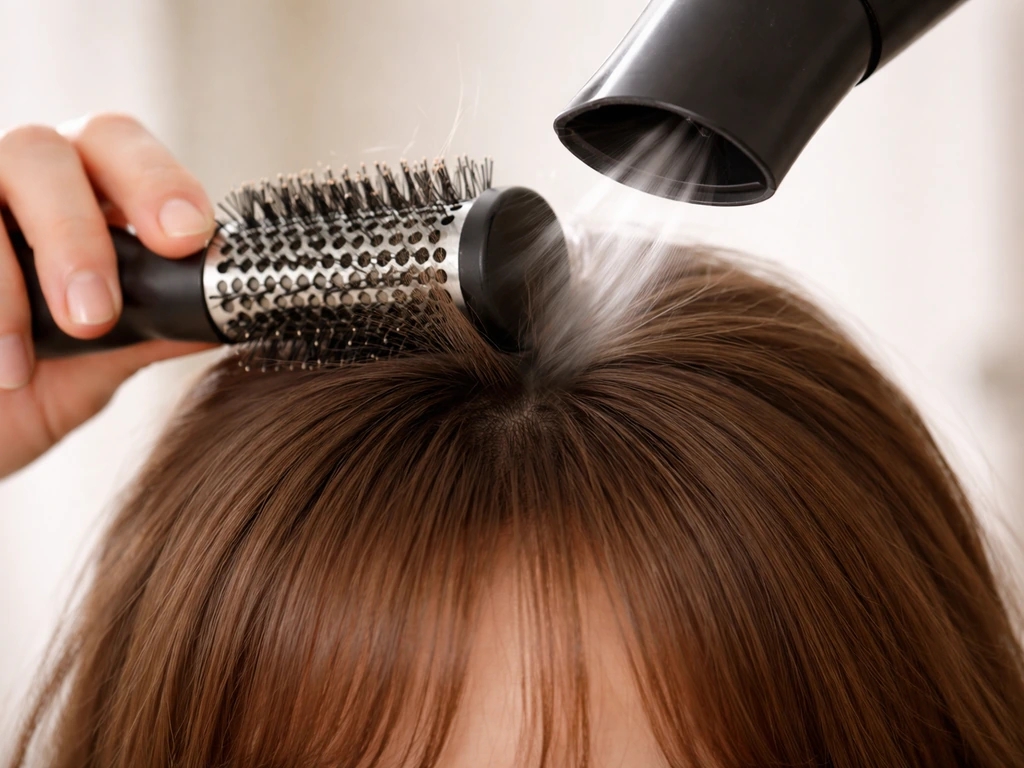 Close-up of bangs at a cowlick hairline being blow-dried with a brush to lay the hair down.