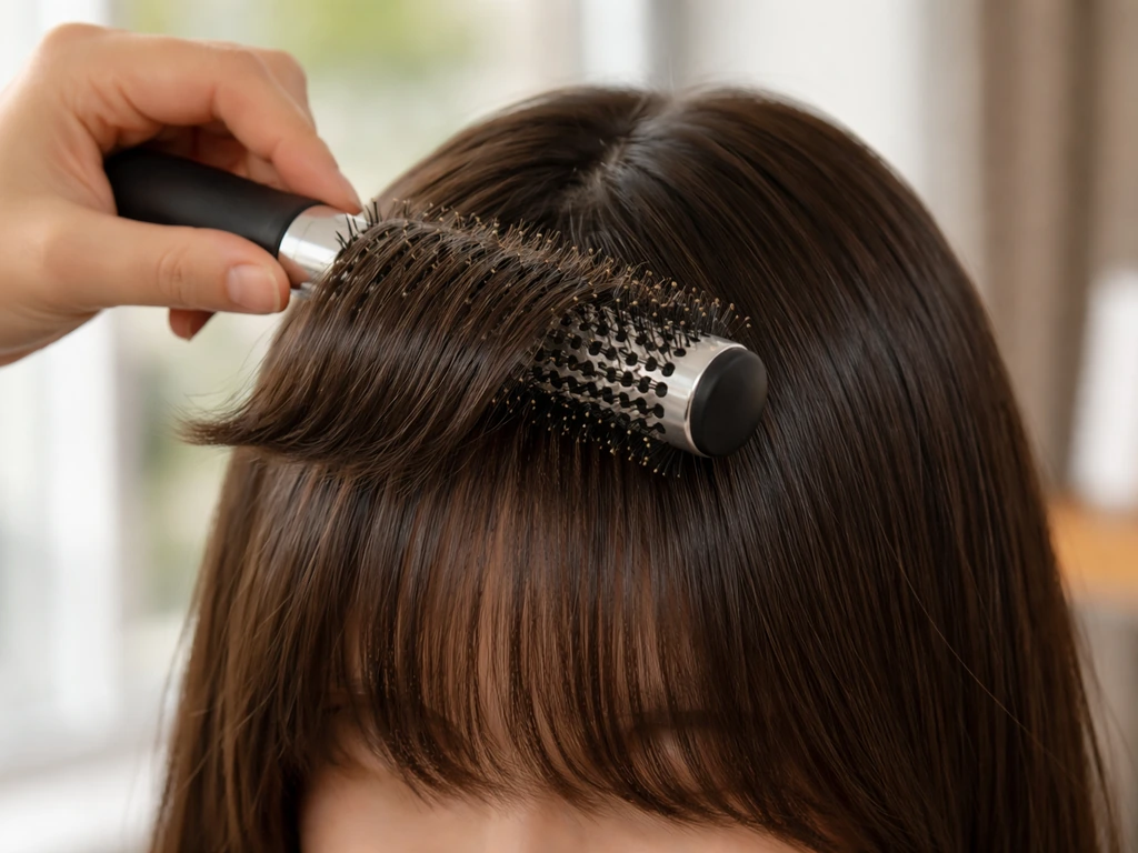 Hairstylist holding round brush under bangs to train ends to lay flatter, quick before/after curl look