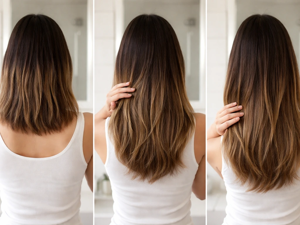 Woman’s hair shows root-to-growing ends in three awkward growth stages in one cohesive photo.