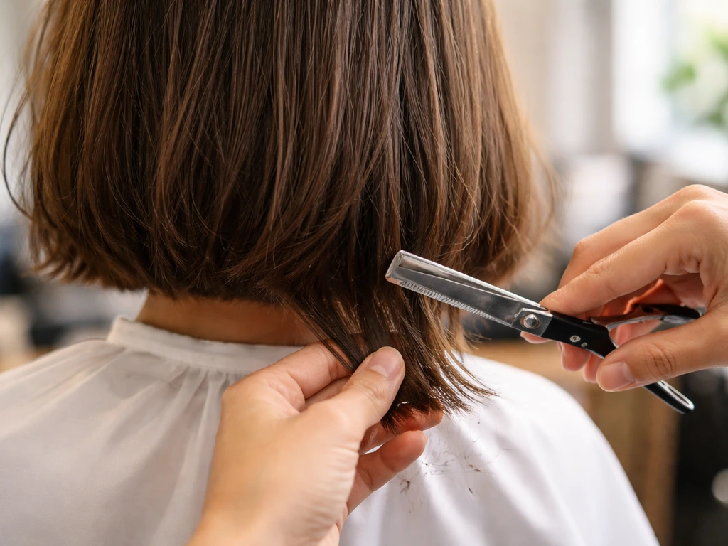 Close-up of scissors and stylist hands trimming bob-length hair to prevent awkward grow-out flips