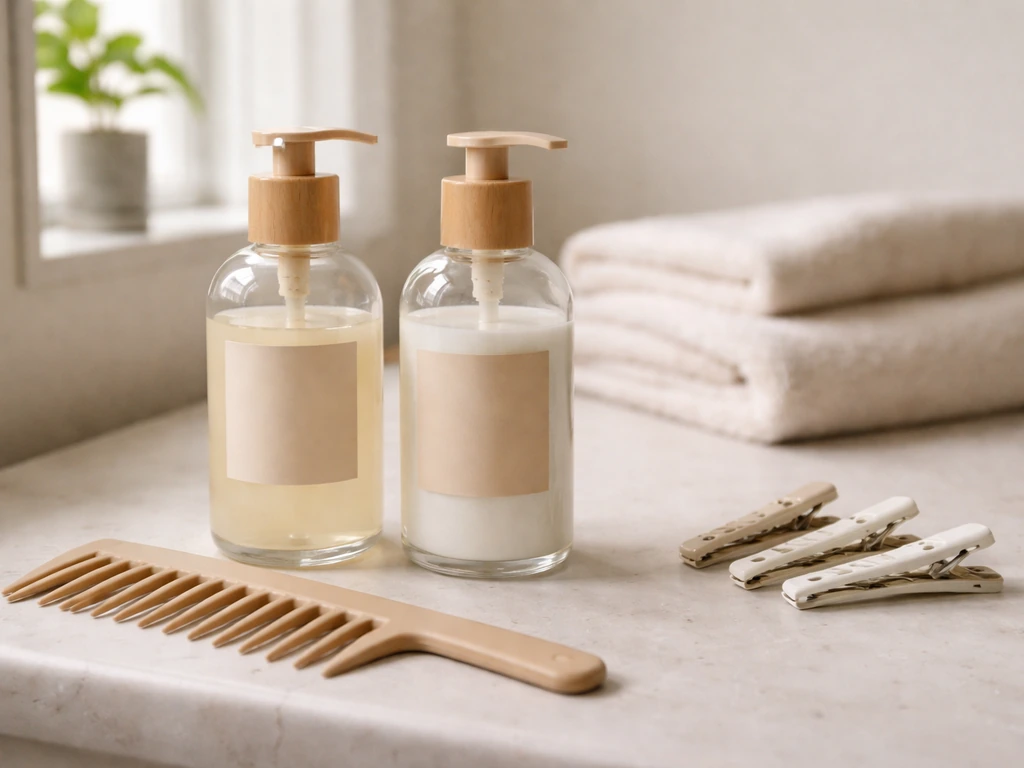 Shampoo and conditioner bottles with a wide-tooth detangling comb and sectioning clips on a bathroom counter.