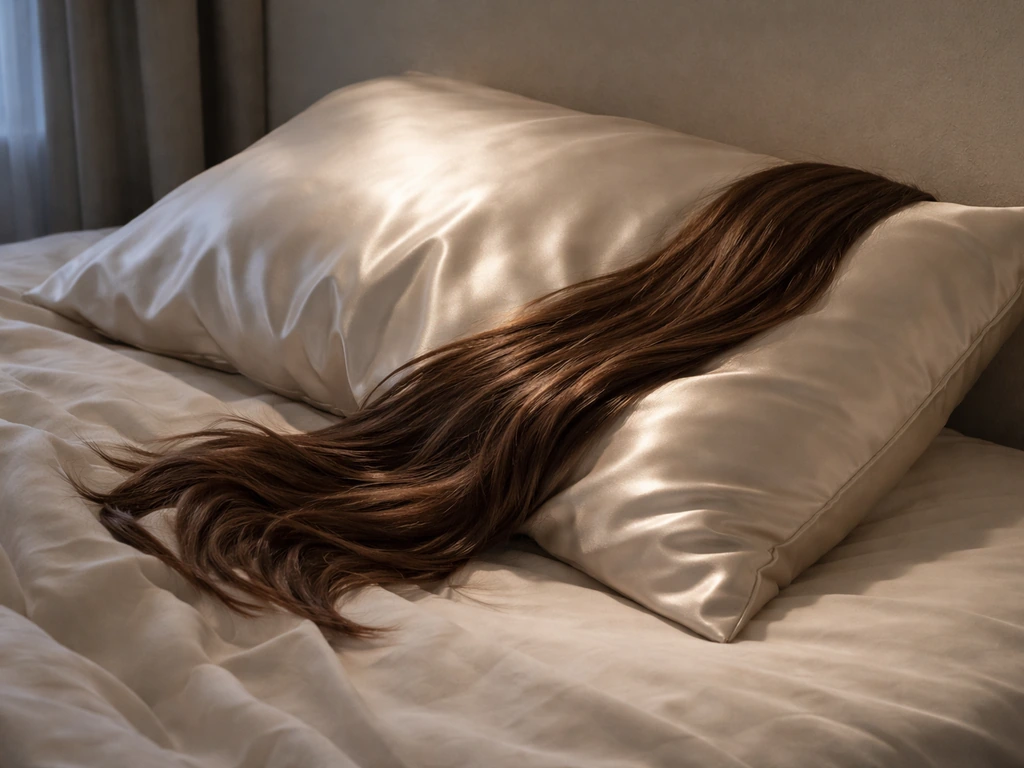 Silk satin pillowcase on a bed with hair laid smoothly in a low-friction sleep position