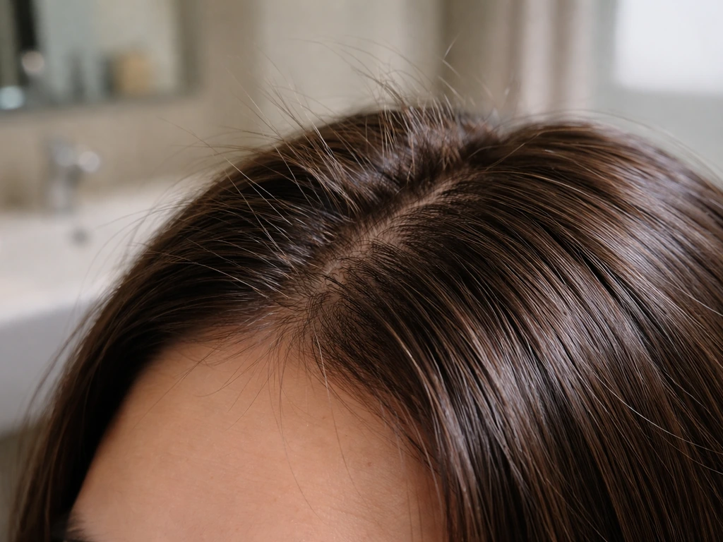 Close-up of hair strands with visible split ends near the hairline, in soft natural bathroom light