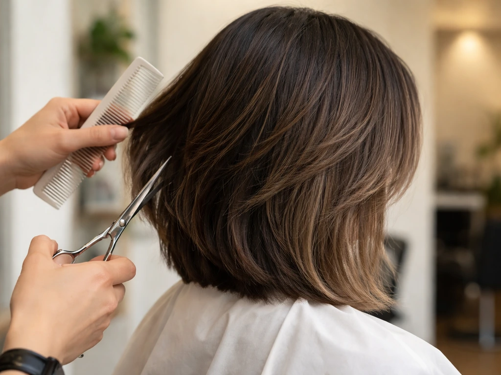Salon close-up of hands trimming layered hair with scissors and comb, blending dyed-to-root contrast.