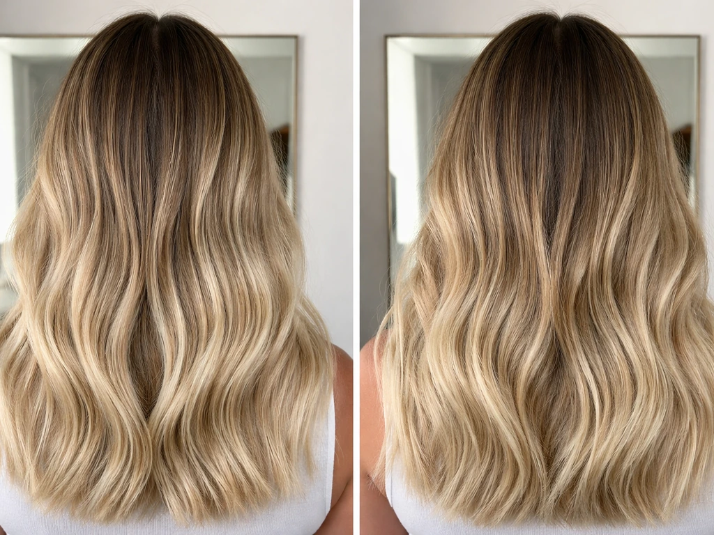 Close-up hair split into two halves showing shadow-root color melt vs natural grow-and-fade.