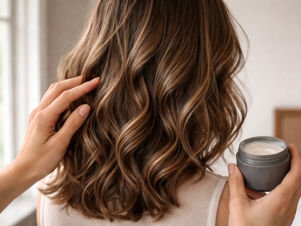Closeup of textured hair waves with a hand holding hair product beside it, soft natural light.