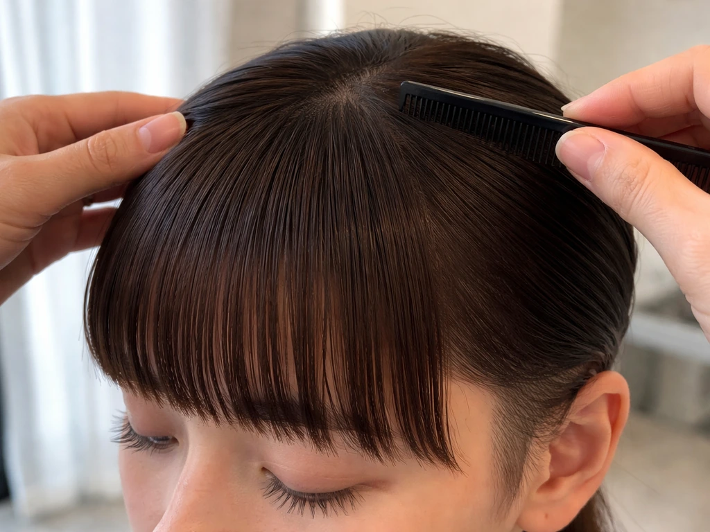 Barber-style close-up of neatly styled bangs and undercut regrowth line in soft natural light.