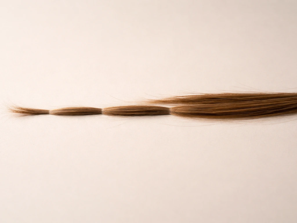 Single straight hair strand laid on a neutral background with soft lighting, showing gradual length contrast markers