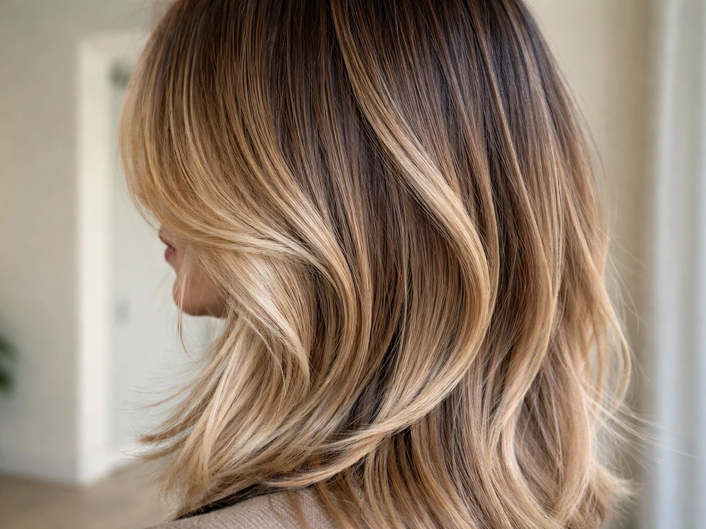 Side view of layered balayage hair highlighting how soft layers blur the contrast line.
