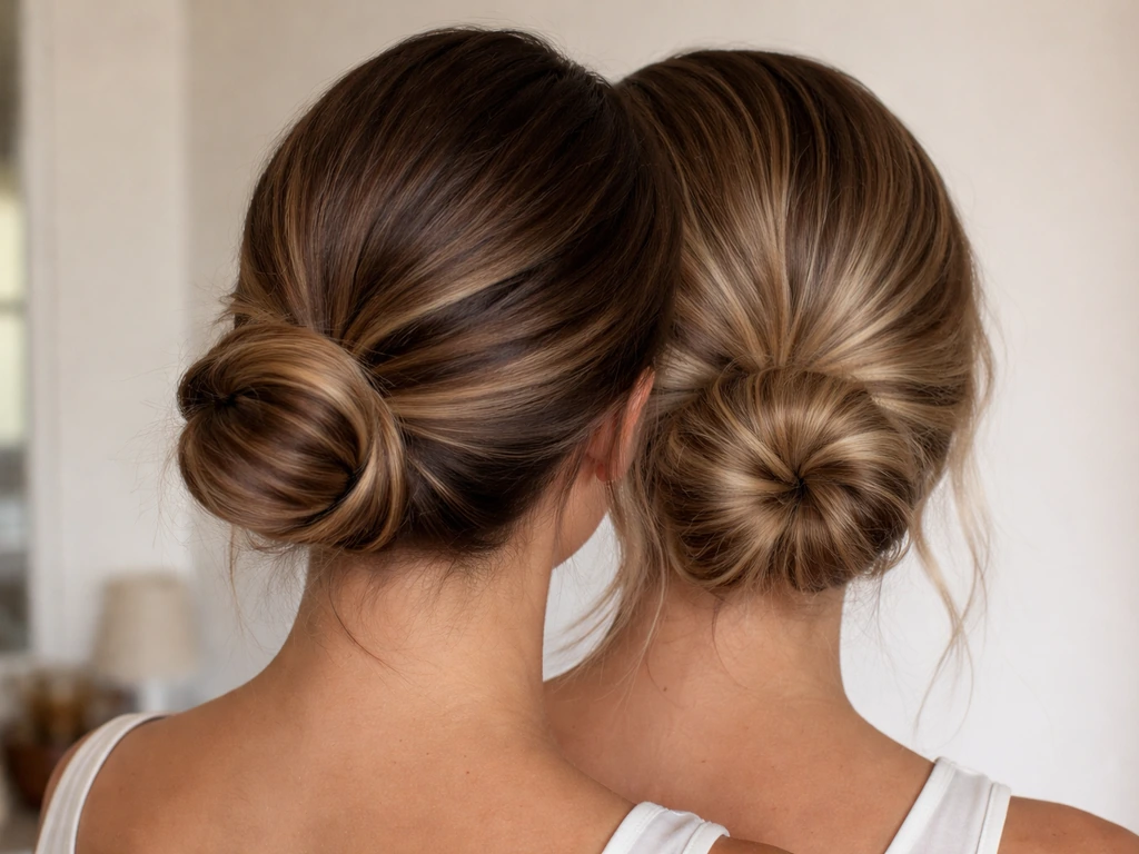 Minimal photo of two low tucked buns in different tones to soften a balayage grow-out contrast band.