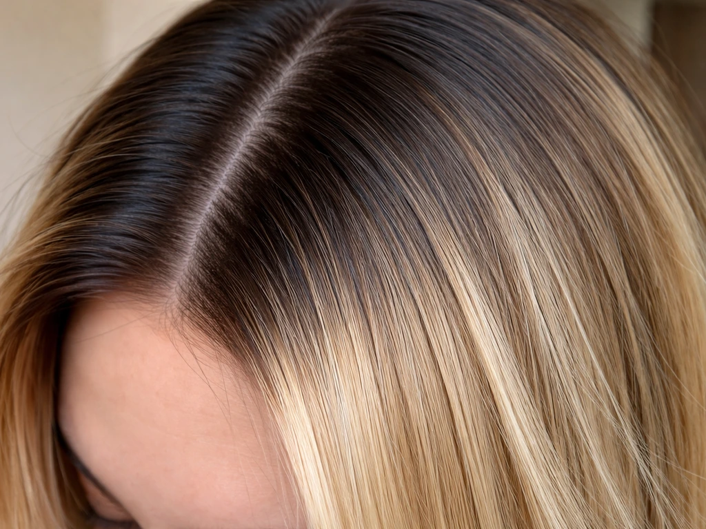 Close-up of grow-out hair showing a distinct two-tone band between roots and lightened lengths.