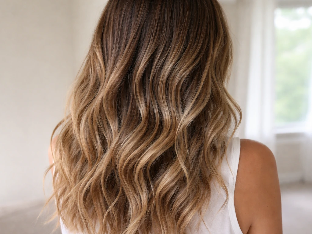 Close-up of loose, textured loose waves with a subtle contrast band blending in a hair grow-out