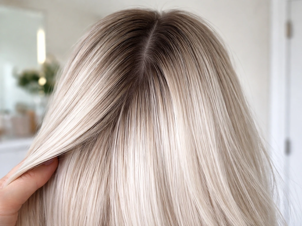 Close-up of platinum-to-natural regrowth hair with a visible demarcation line, smooth shine, intact strands