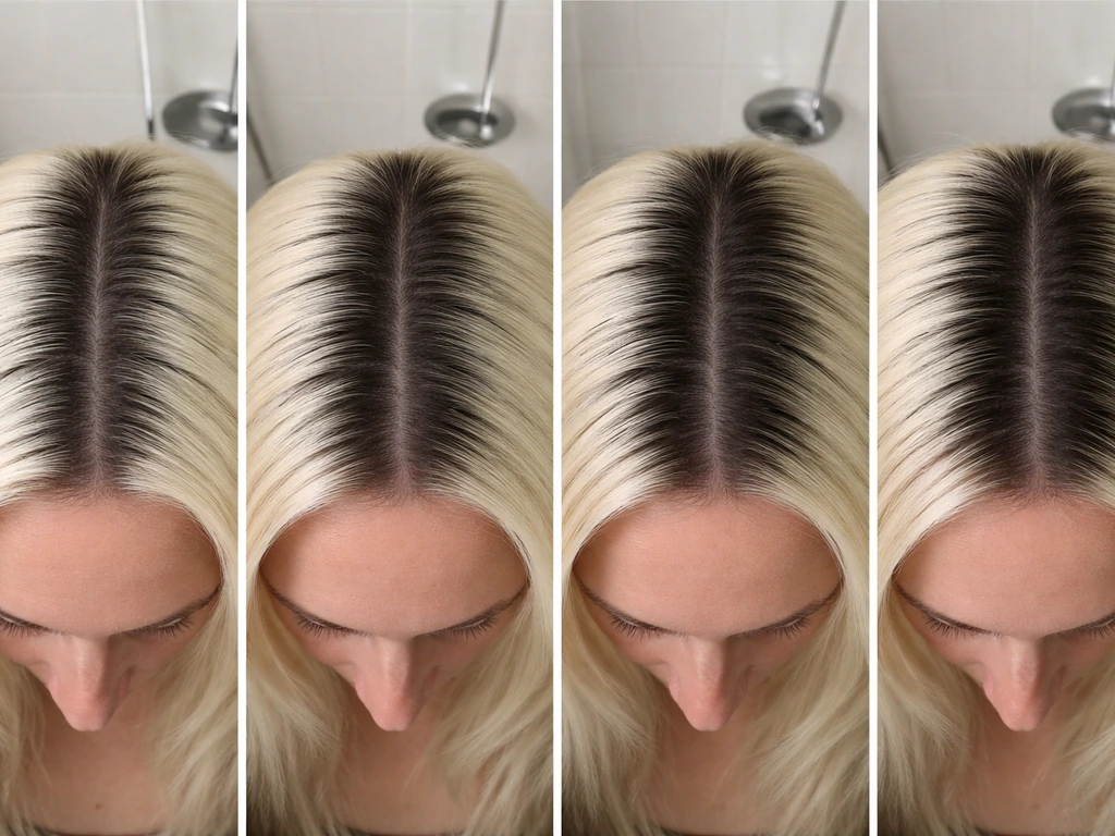 Close-up top-down view of platinum hair regrowth showing dark roots thickening and platinum band shortening.