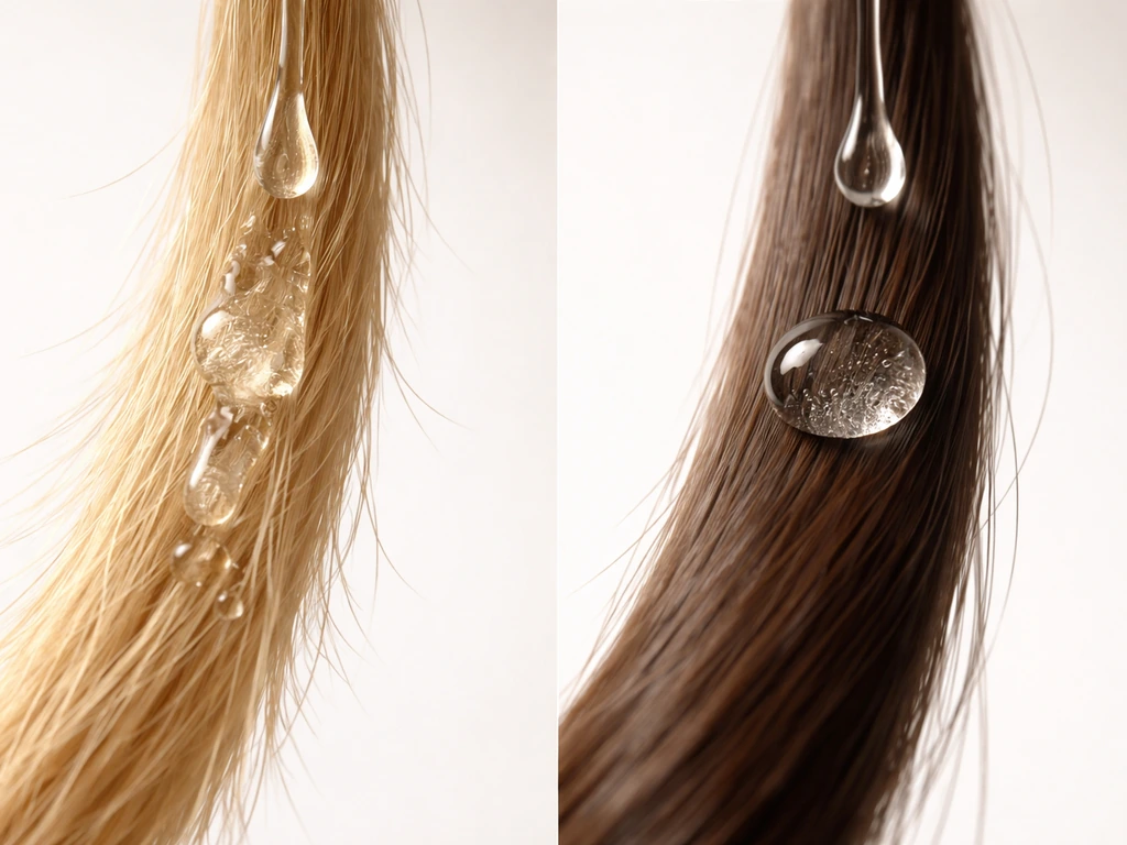 Two close-up hair strands: one quickly soaking water, the other repelling more, showing high vs low porosity.