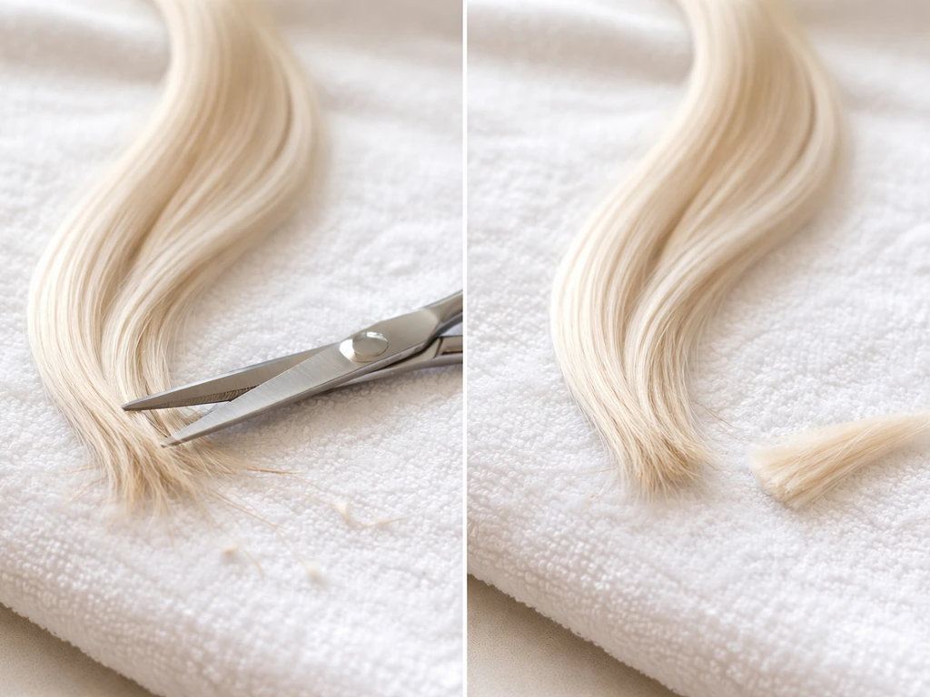 Close-up of platinum-blonde hair tips being snipped with scissors, showing before and after ends.