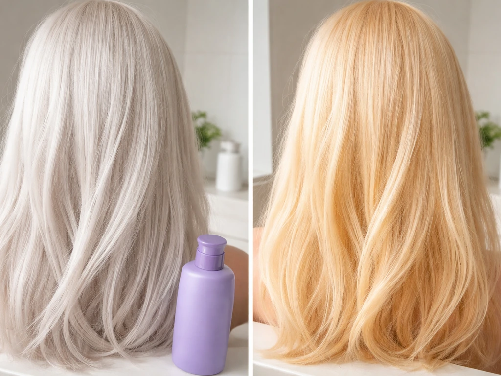Split image of platinum hair before toner fades vs warm brassy hair after, with a purple shampoo bottle.