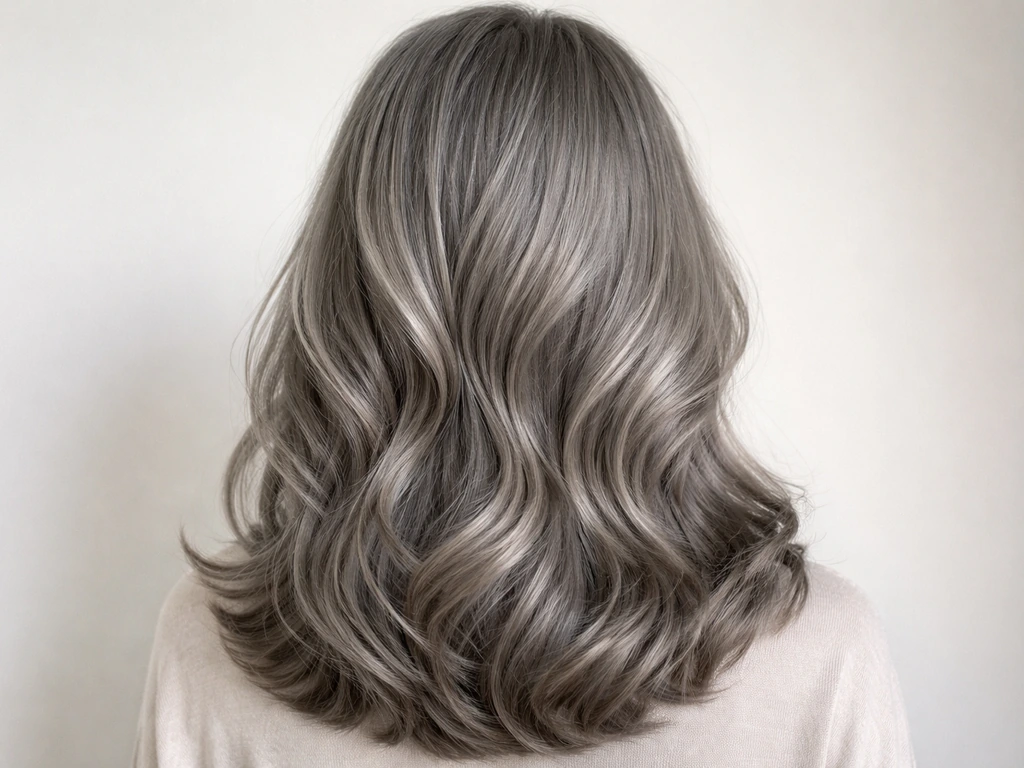 Grey hair styled in neat soft waves with visible texture and defined shape in natural light