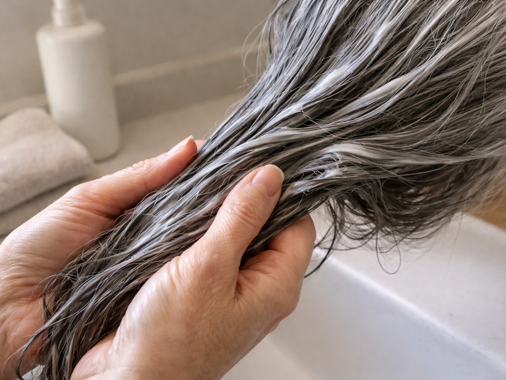 Hands applying creamy conditioner to grey hair strands in a clean, minimal bathroom setting.