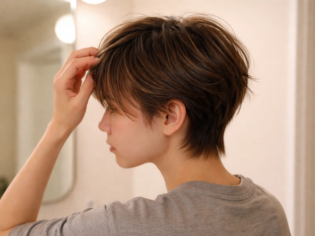 Person with short, uneven grow-out hair showing blended bangs and layered regrowth in a simple mirror setup.