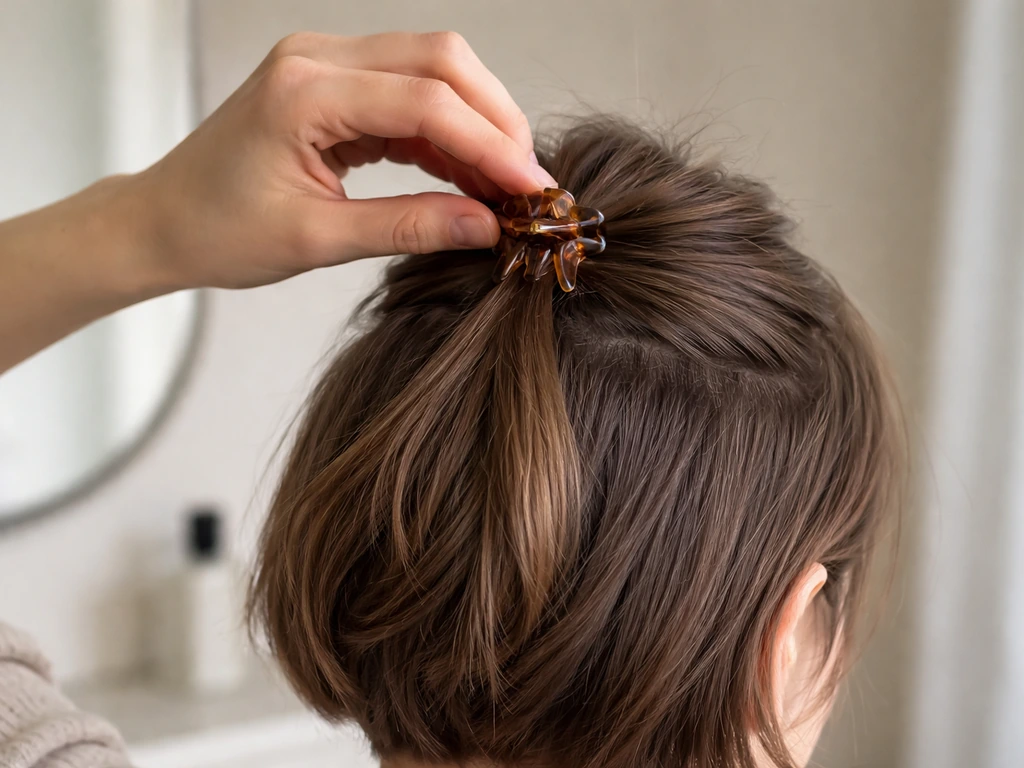 Hand placing a small claw clip onto short, regrowth hair at the hairline for a half-up style.