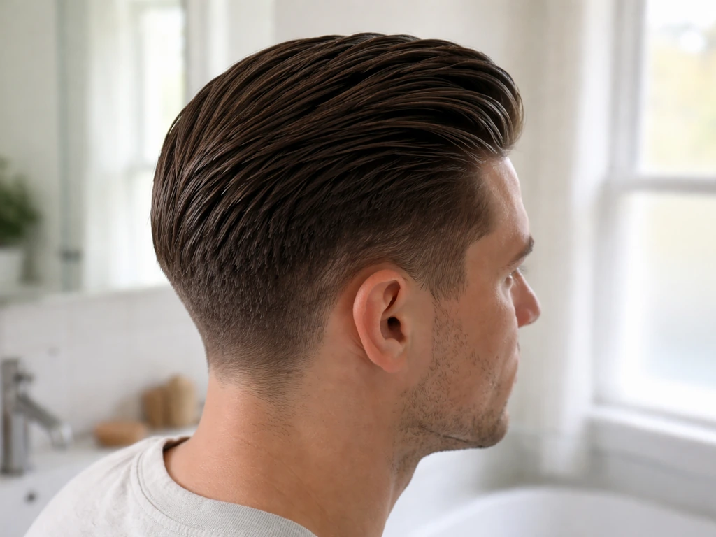 Short 2–4 inch hair slicked back with pomade, showing defined controlled lay in natural light.
