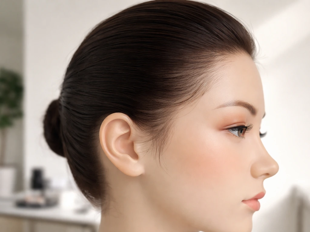 Side view of a mannequin head with styled hair using a blow-dry look at the temple/ear area