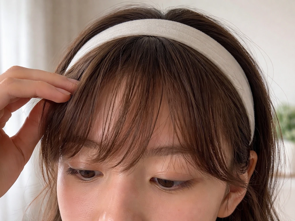 Person wearing a simple thin headband, fringe pushed forward away from eyes and nose bridge
