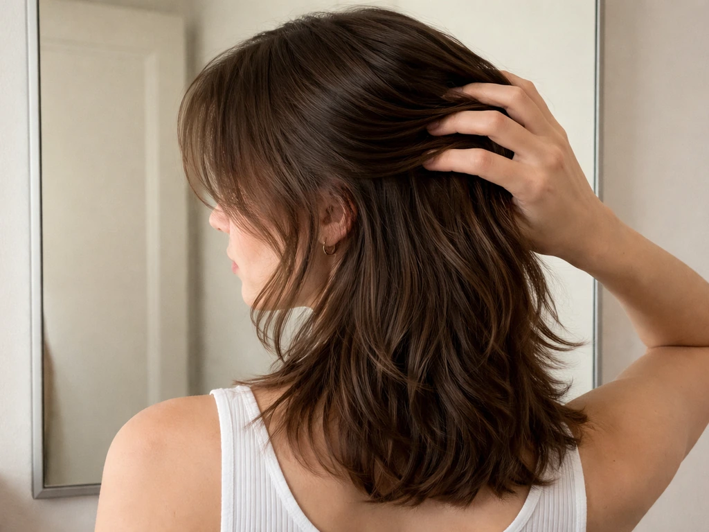 Person with intentionally styled mid-grow-out hair near shoulder length, brushing gently in a bright room.