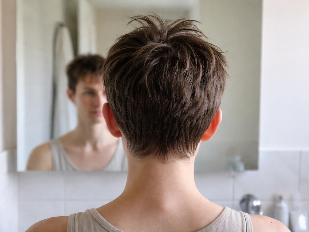 Mirror reflection of a short pixie/buzz grow-out showing uneven sides/back and awkward cowlicks.