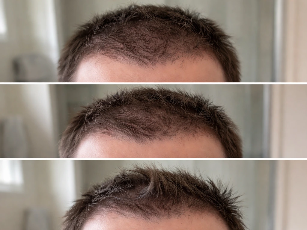 Close-up of a person’s scalp and hairline at early regrowth with visible cowlicks and patchy regrowth