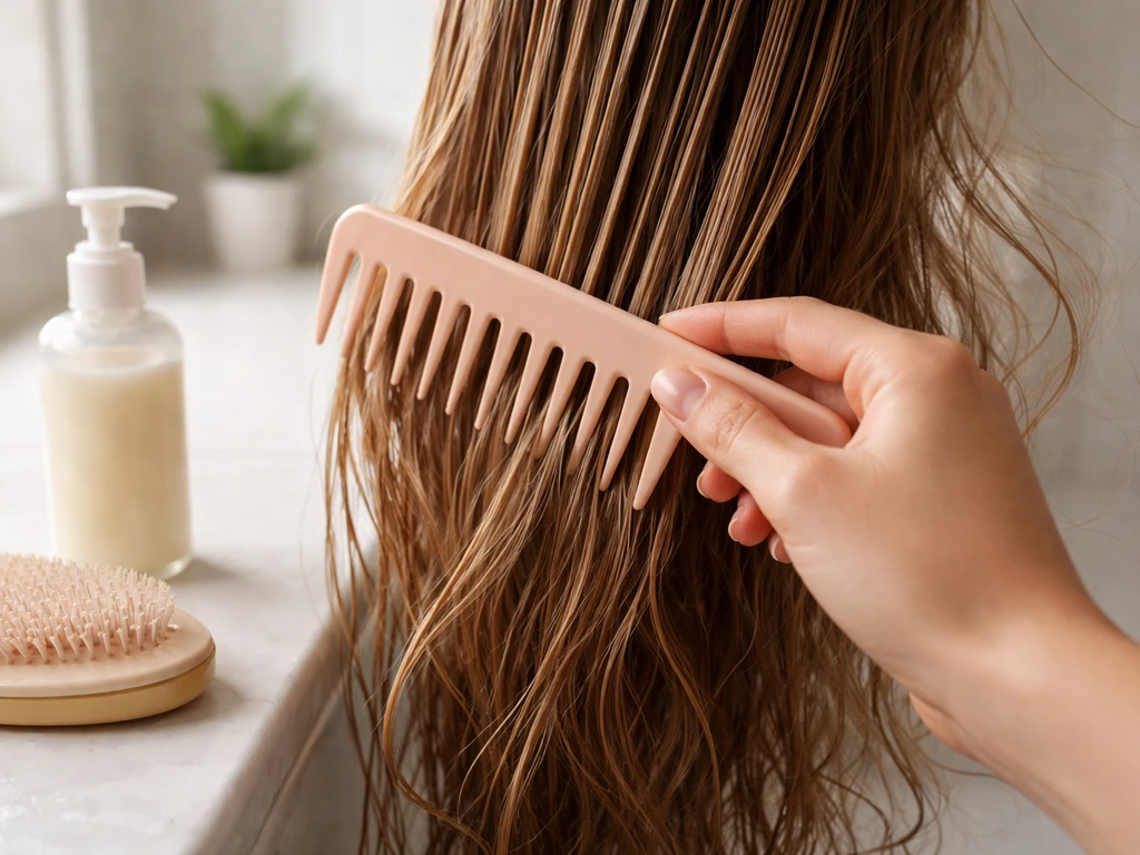 Hand detangling damp hair with a wide-tooth comb, conditioner nearby, smoother strands and less frizz.