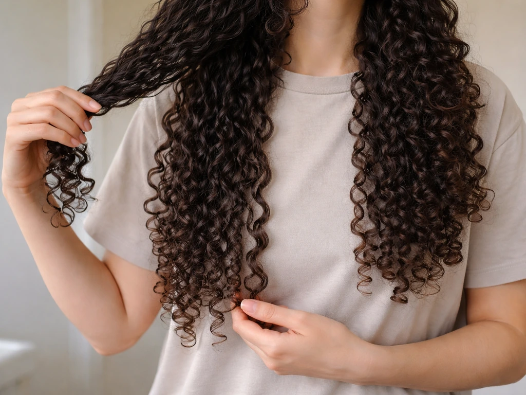 Person holding a strand of long curly hair stretched past shoulders in natural light