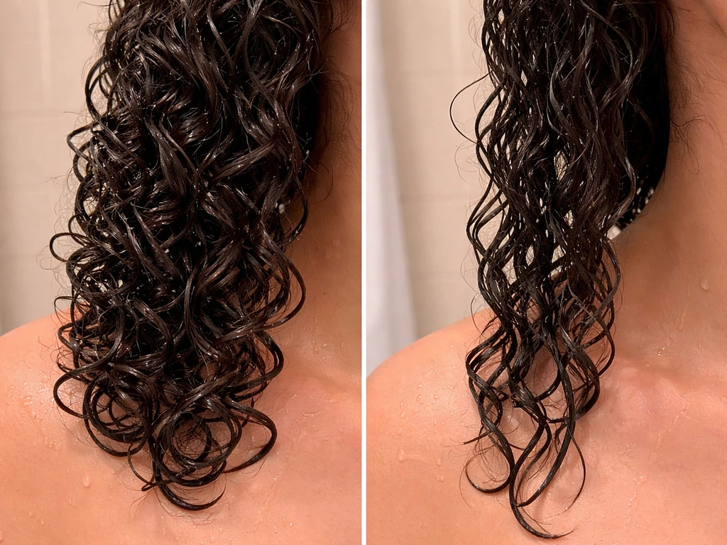 Close-up of wet curly hair clumps showing shrinkage next to gently stretched strands
