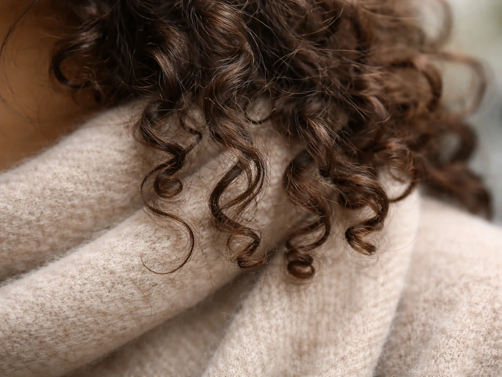 Close-up of shoulder-length curls tangled with a scarf collar, showing small single-strand knots.