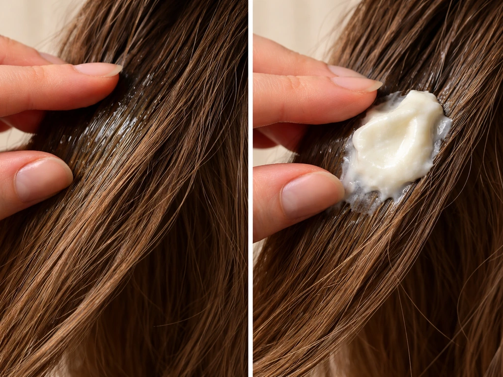 Close-up of pre-poo oil and leave-in cream layered on dry hair with anonymous hands in soft light