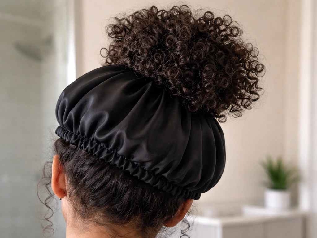 Pineapple-style high curly hair gathered under a satin bonnet on a quiet night setting