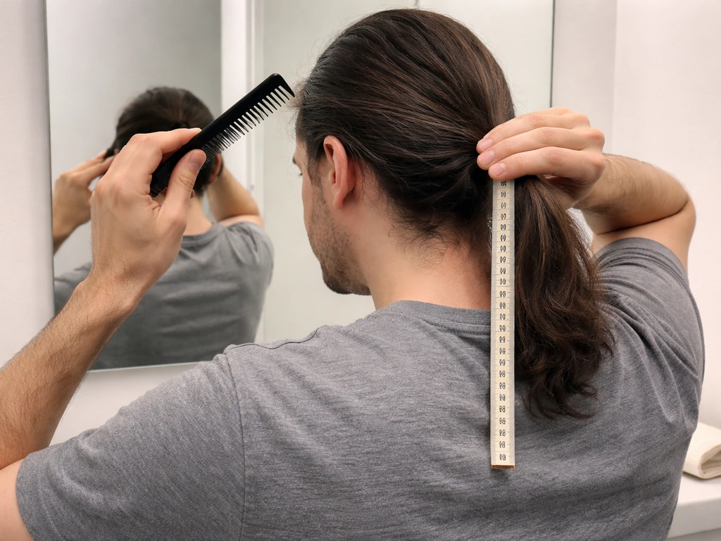 Man using a ponytail-growth comb and measuring tape at a bathroom vanity while gathering a low ponytail.