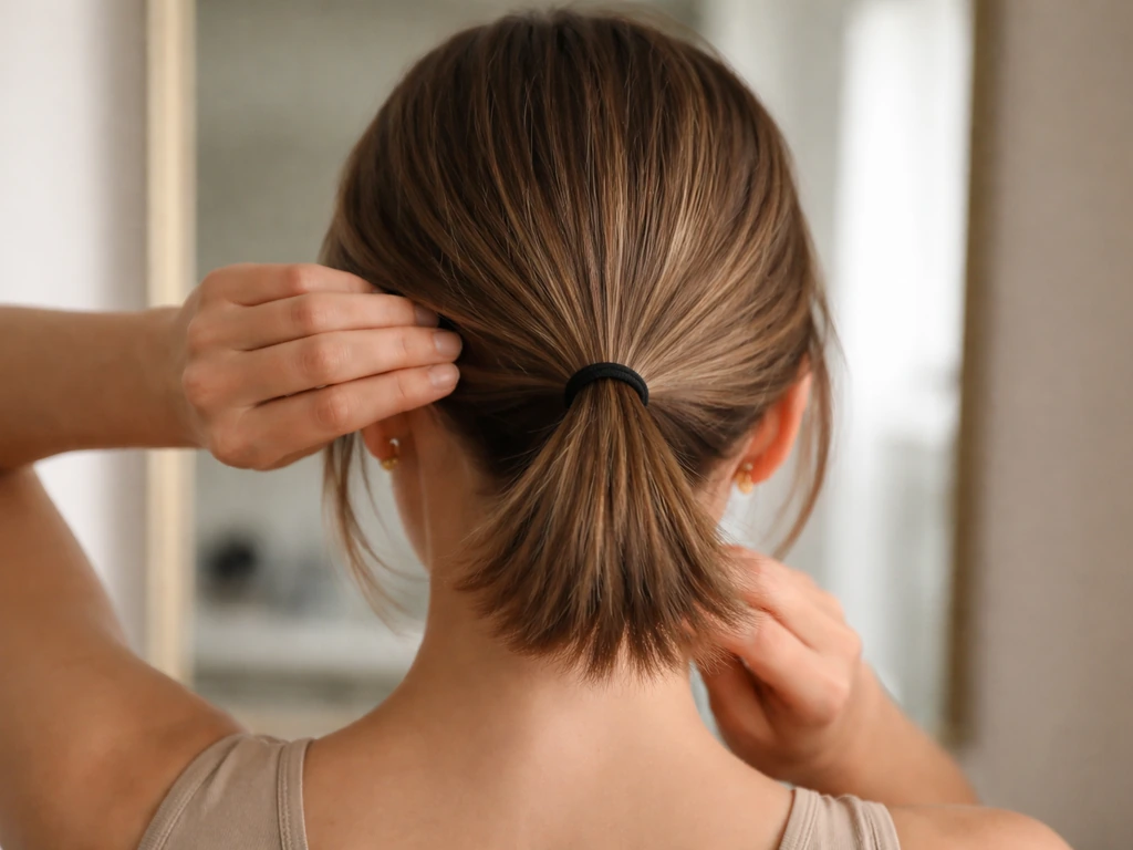 Back of head with a low ponytail at the nape, showing ~3–4 inches of hair past the tie.