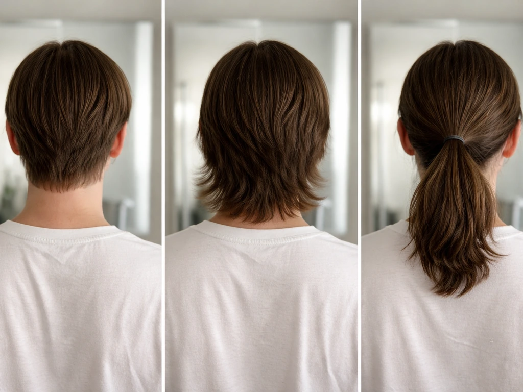 Three-stage hair grow-out shown side-by-side, from short awkward cut to nearly tie-able ponytail.