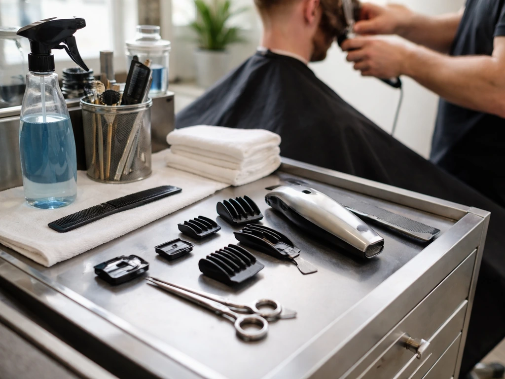 Barber hands trimming a client’s hair at a tidy station with clippers, comb, shears, and sanitized tools.