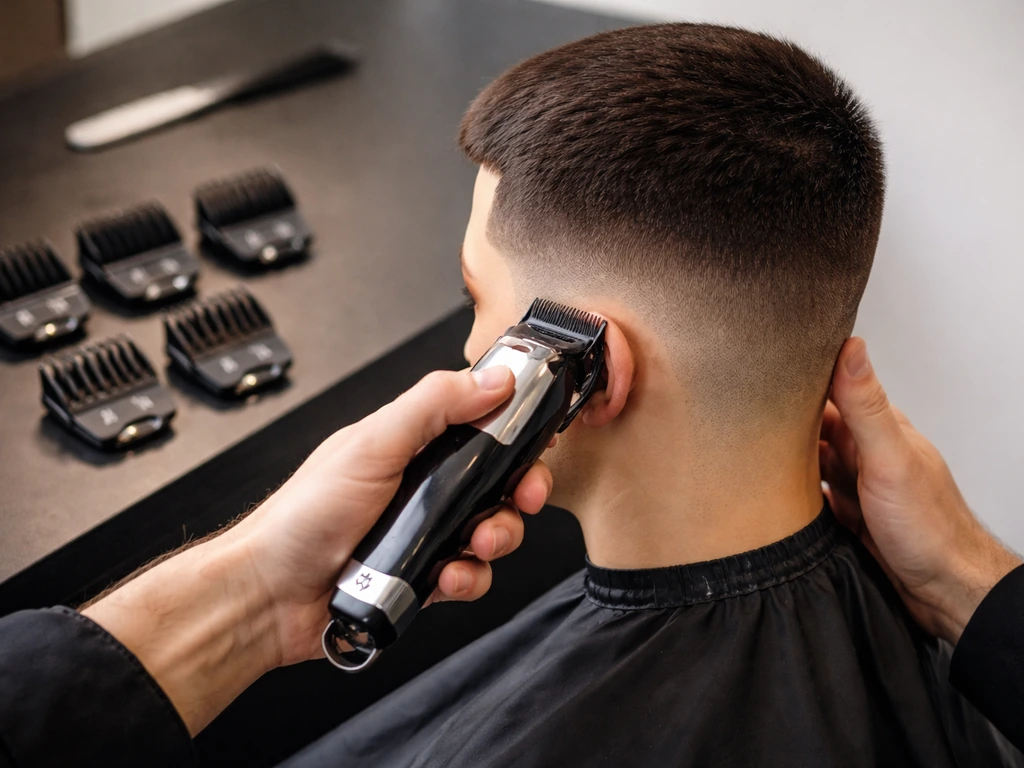 Barber tools and clipper guards next to a clean fade practice guide with clear step-by-step blending zones.
