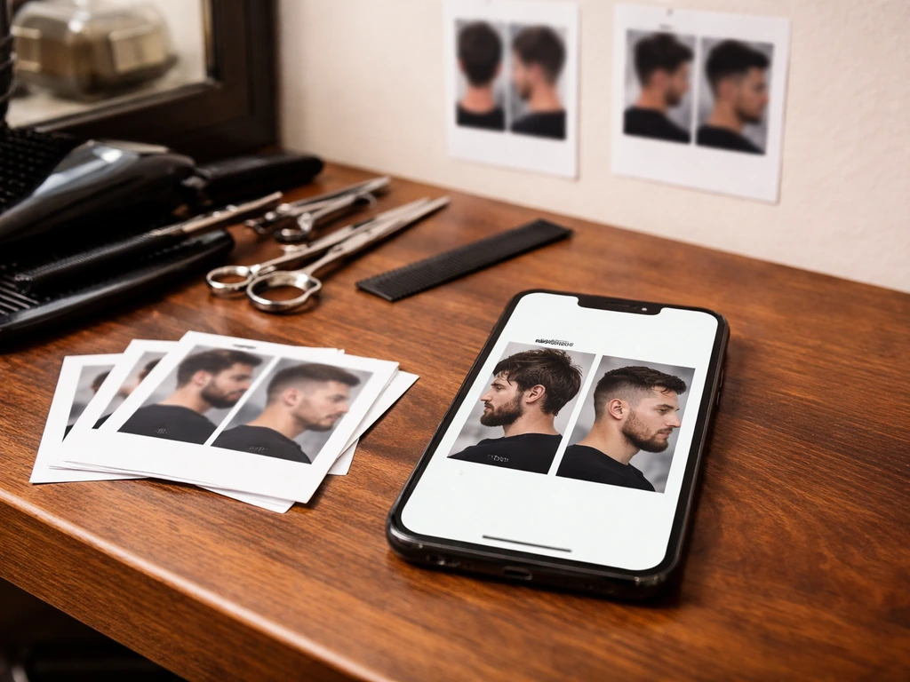 Barber workstation with a phone showing before-and-after style hair grooming posts and a small portfolio display