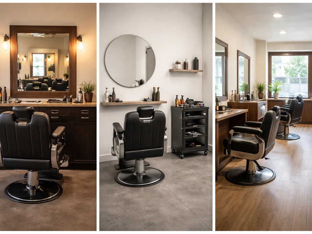 Three barbershop career options shown as side-by-side workspaces: booth rental, employee station, and small shop interio