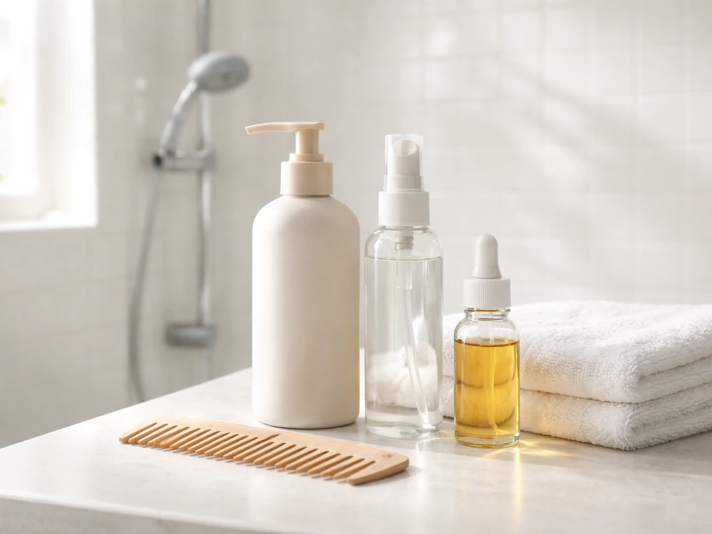 Minimal bathroom counter with scalp-care products, clean towel, comb, and a ready-to-use shower routine setup